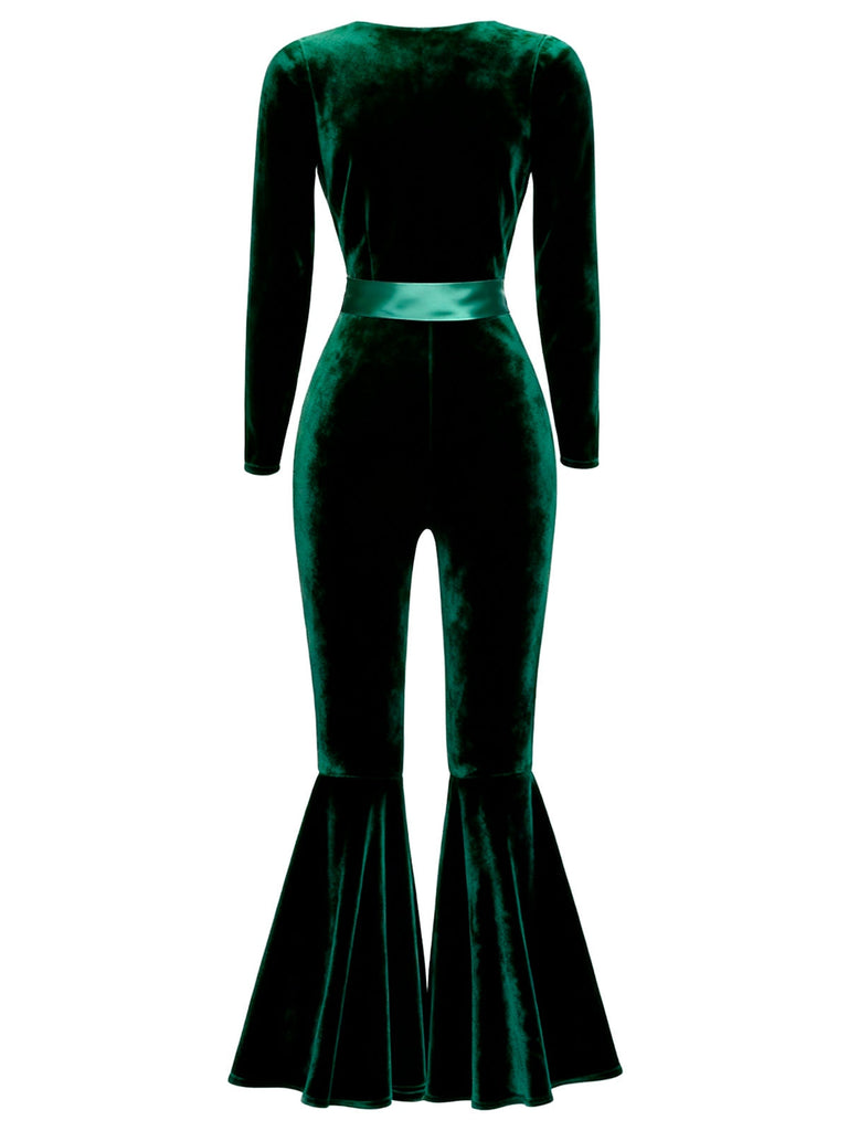 Grün 1970er Herzförmiger Ausgestelltes Bein Samt Jumpsuit