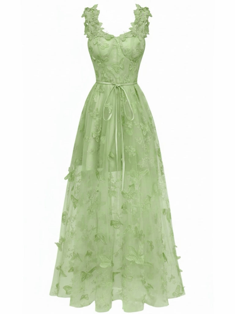 1930er Spaghetti Träger 3D Schmetterlinge Netz Maxi Kleid