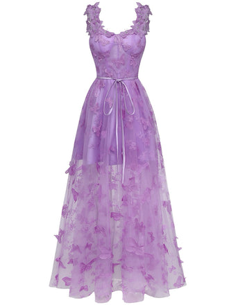 1930er Spaghetti Träger 3D Schmetterlinge Netz Maxi Kleid