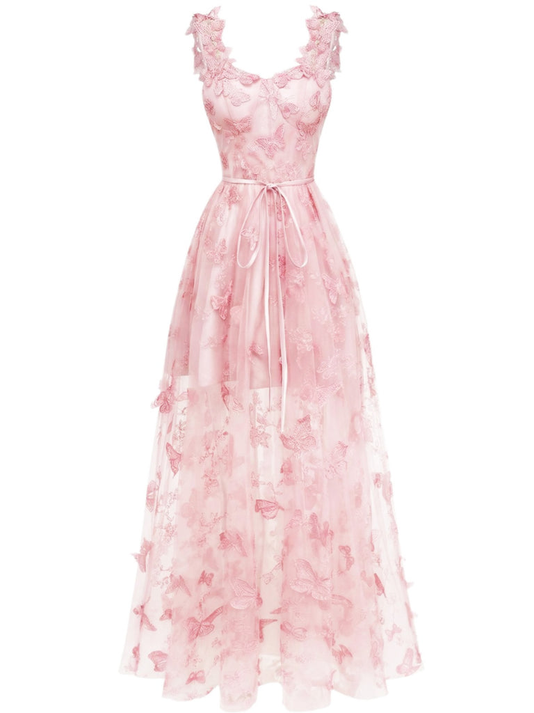 1930er Spaghetti Träger 3D Schmetterlinge Netz Maxi Kleid