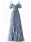 Blau 1970er Slip Blumen Besticktes Netz Schlitz Kleid