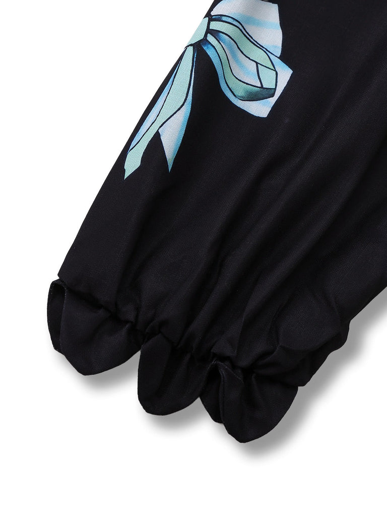 Schwarz 1950er Hummer Zickzack Hals Laternenärmel Kleid