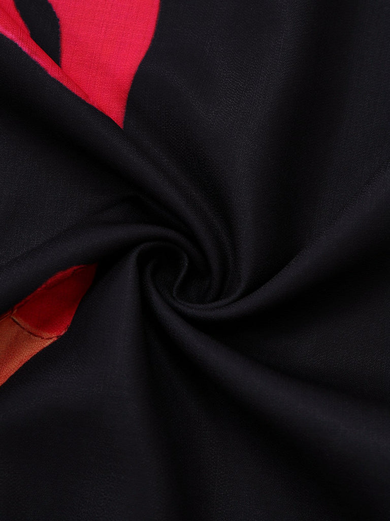 Schwarz 1950er Hummer Zickzack Hals Laternenärmel Kleid