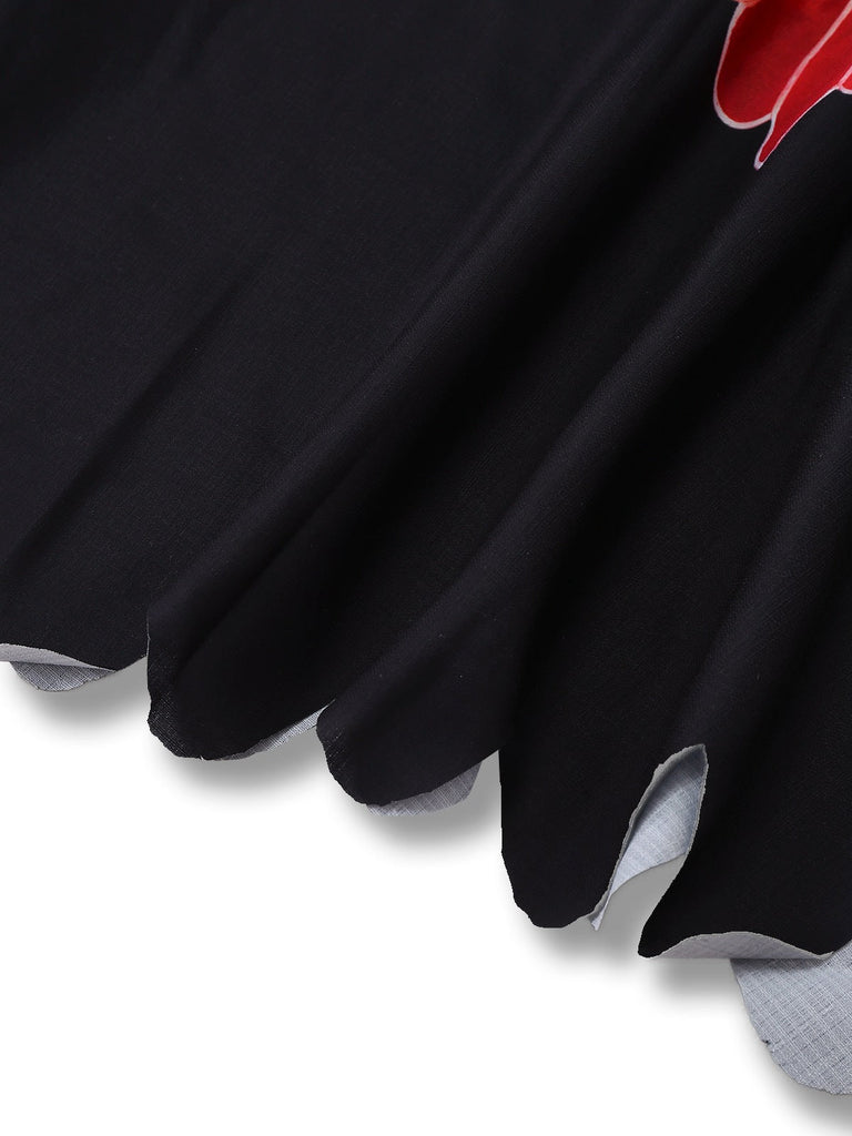 Schwarz 1950er Hummer Zickzack Hals Laternenärmel Kleid