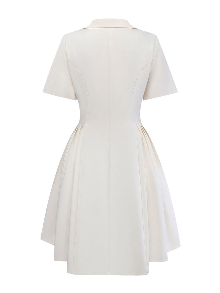 Beige 1970er Zweireihig Revers Plissiertes Kleid