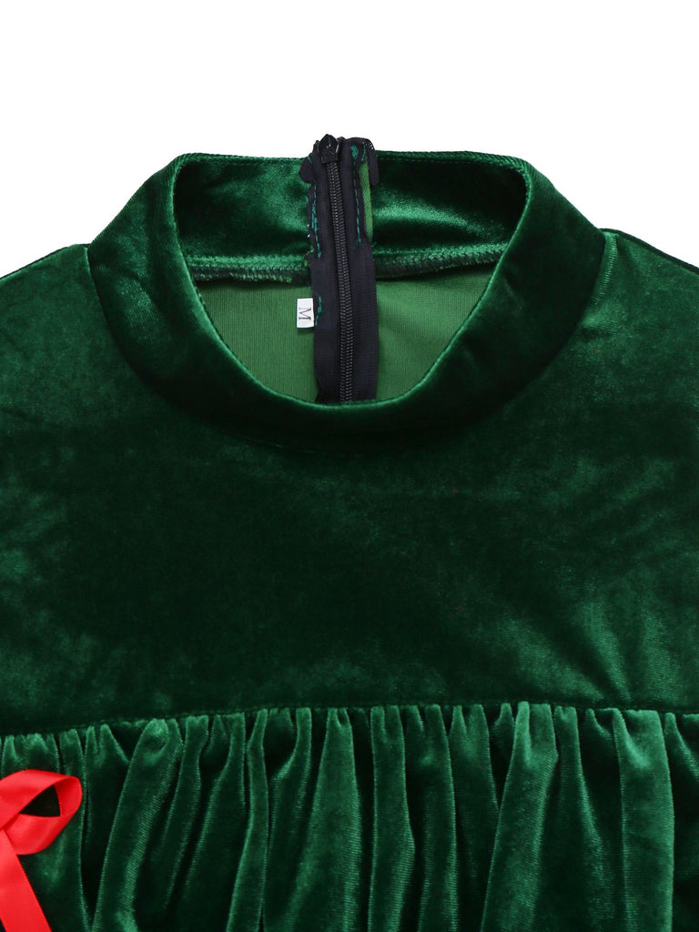 Grün 1960er Samt Bogen Stehkragen Abgestuft Kleid