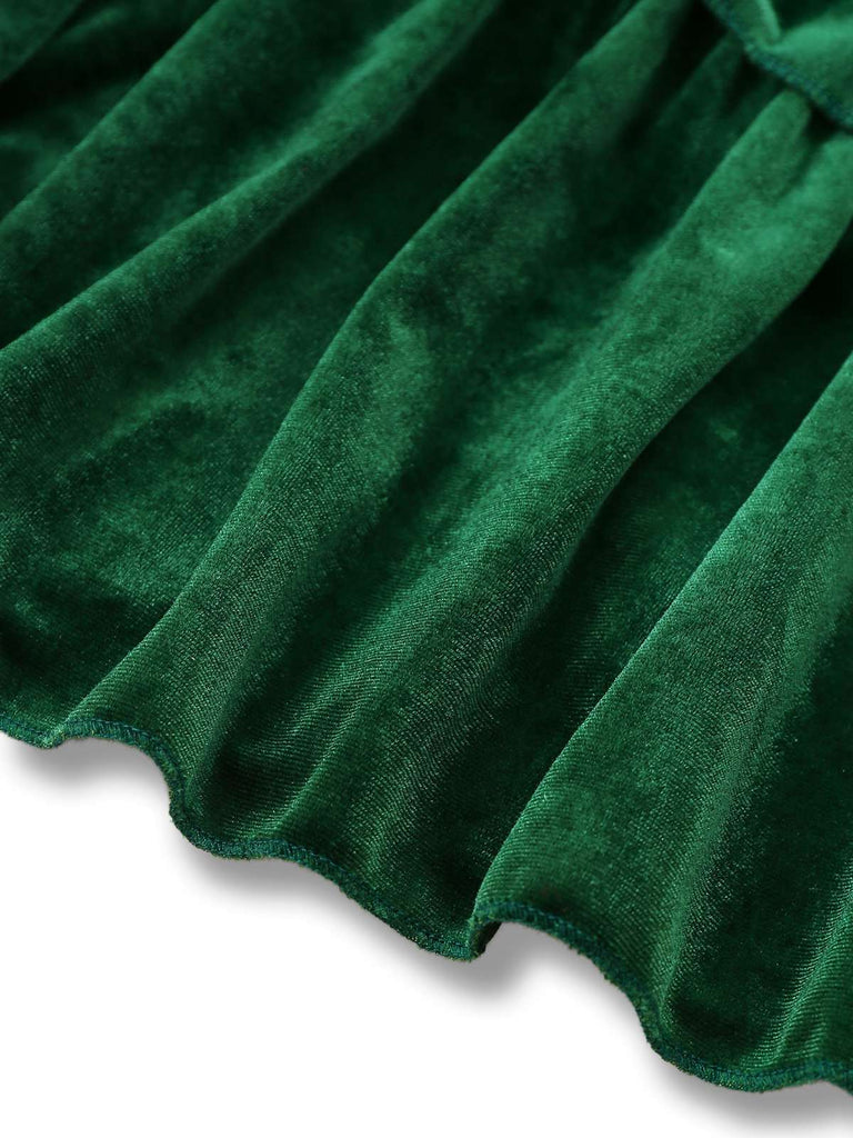 Grün 1960er Samt Bogen Stehkragen Abgestuft Kleid