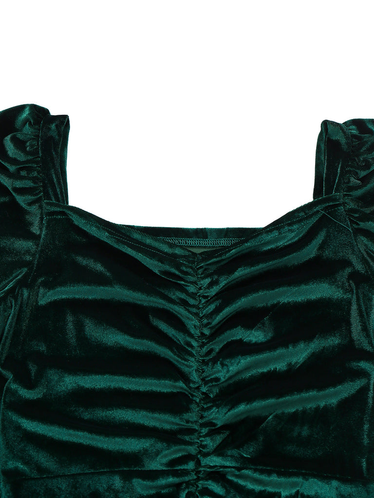 Grün 1960er Samt Gerüschtes Langarm Enges Kleid