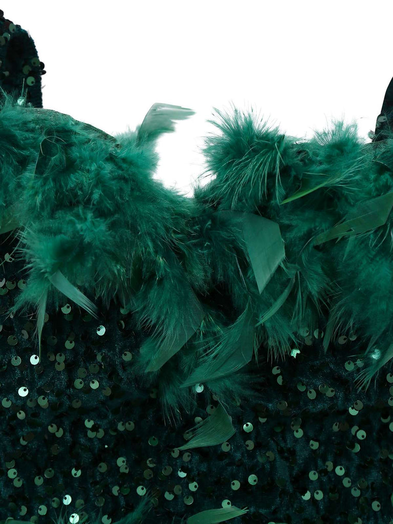 Grün 1960er Schulterfrei Pailletten Feder Enges Kleid