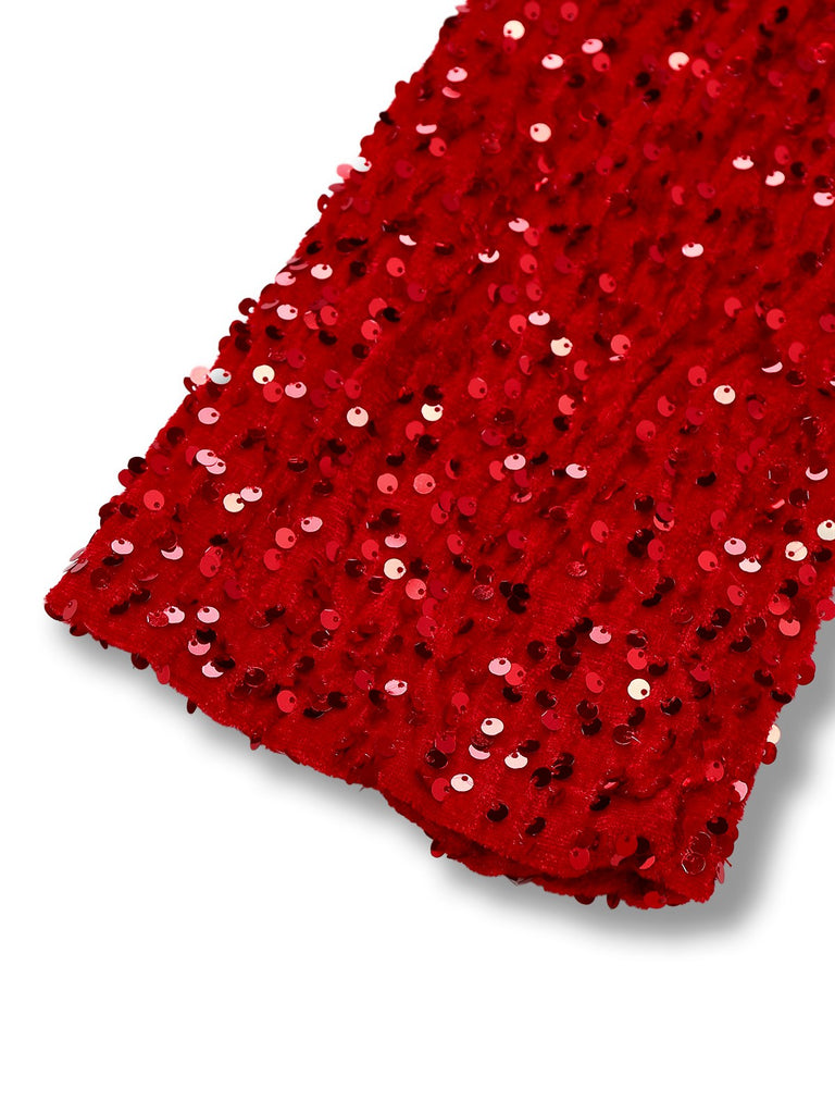 Rot 1960er Pailletten Bogen Rundhals Langarm Kleid