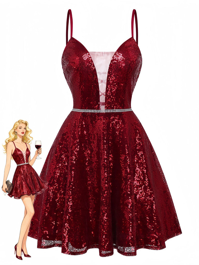 Weinrot 1950er Pailletten Tief-V Netz Kleid