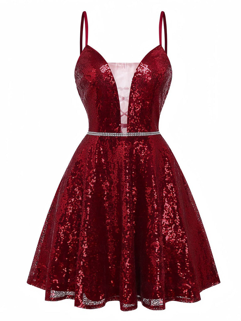 Weinrot 1950er Pailletten Tief-V Netz Kleid