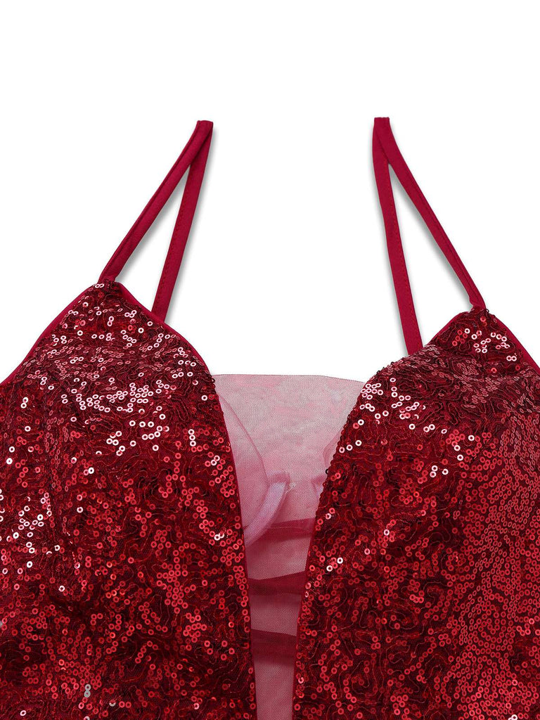 Weinrot 1950er Pailletten Tief-V Netz Kleid