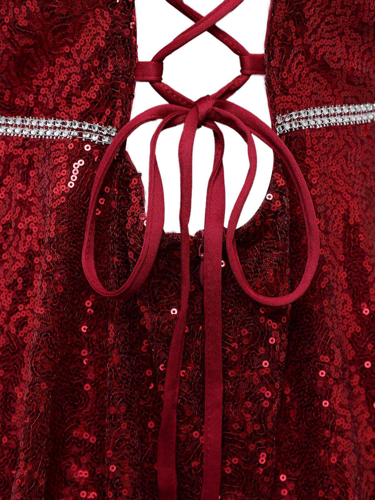 Weinrot 1950er Pailletten Tief-V Netz Kleid