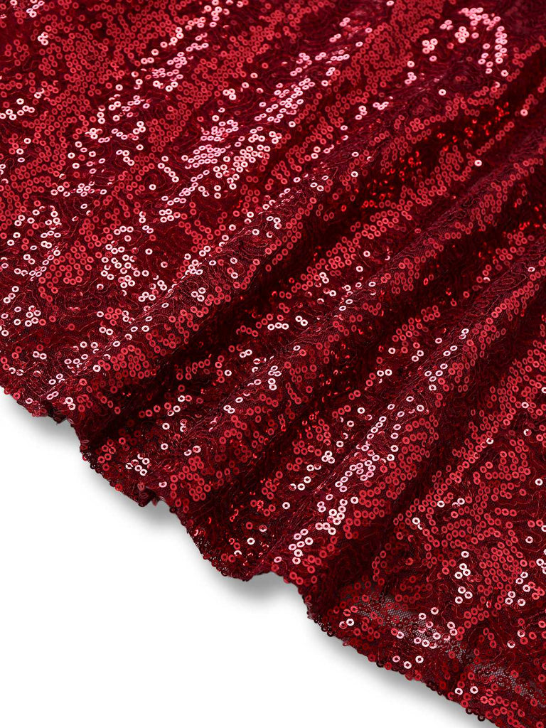 Weinrot 1950er Pailletten Tief-V Netz Kleid