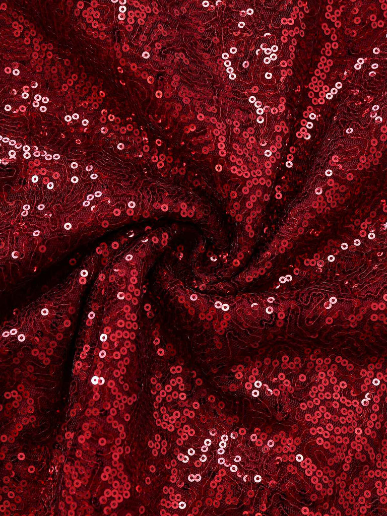 Weinrot 1950er Pailletten Tief-V Netz Kleid