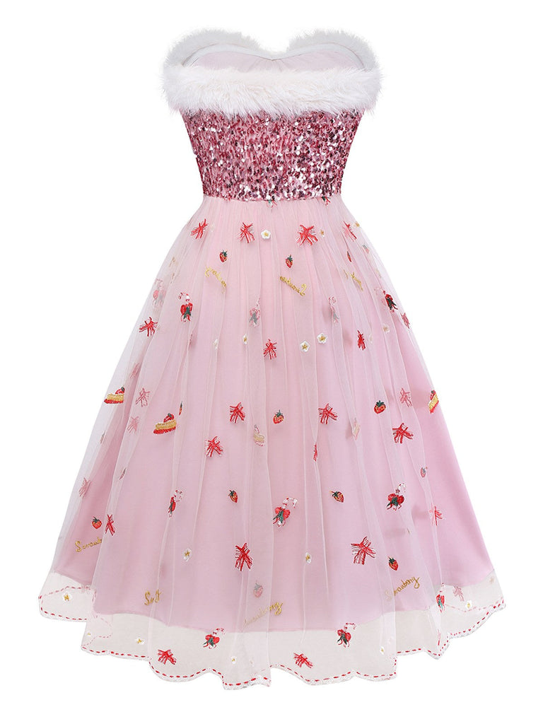 [Vorverkauf] Rosa 1950er Weihnachten Pelzig Trägerlos Pailletten Netz Kleid
