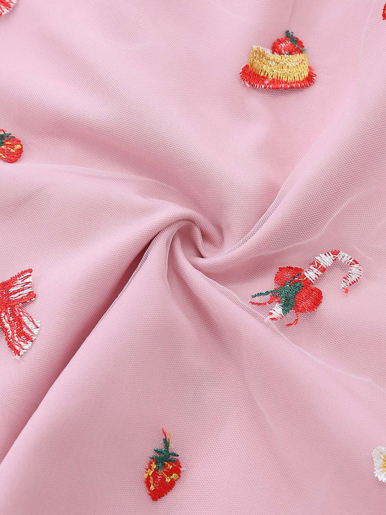 [Vorverkauf] Rosa 1950er Weihnachten Pelzig Trägerlos Pailletten Netz Kleid