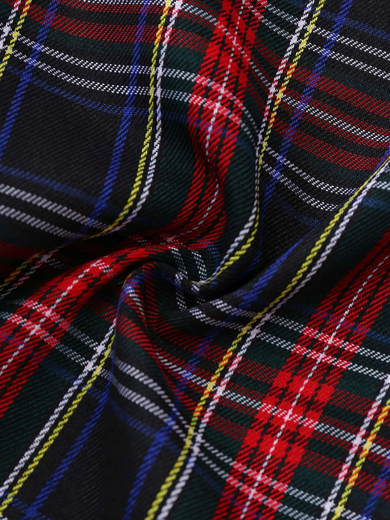 Schwarz 1940er Tartan Plaid Rüschen Bogen Latzhose
