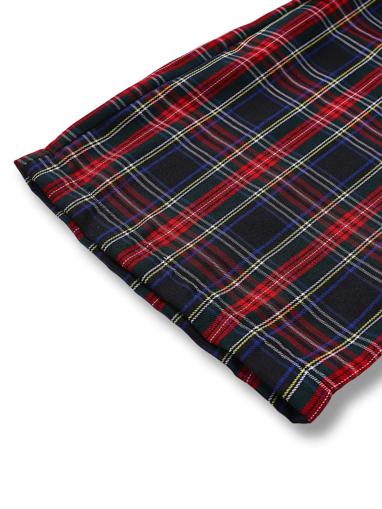 Schwarz 1940er Tartan Plaid Rüschen Bogen Latzhose