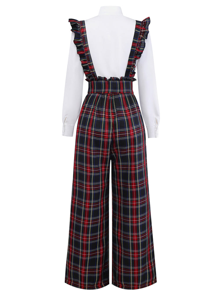 2PCS Weiß & Schwarz 1940er Bluse & Tartan Latzhose