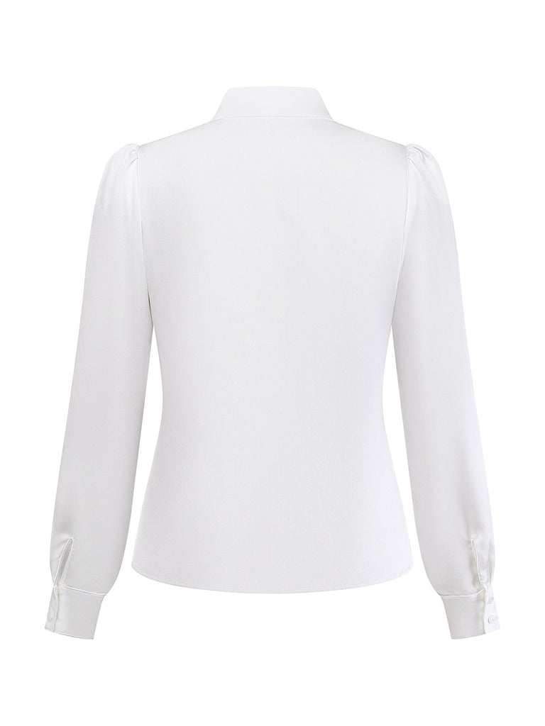 Weiß 1940er Solide Bindekragen Satin Bluse
