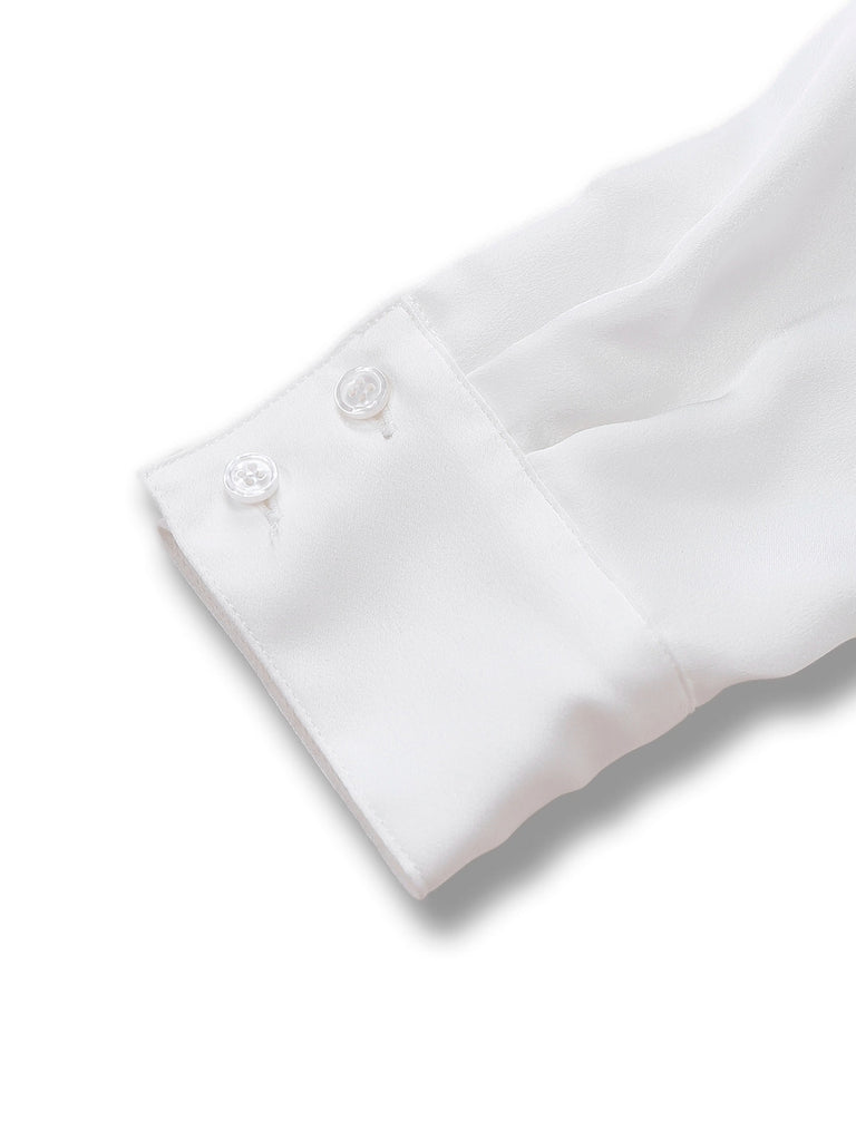 Weiß 1940er Solide Bindekragen Satin Bluse