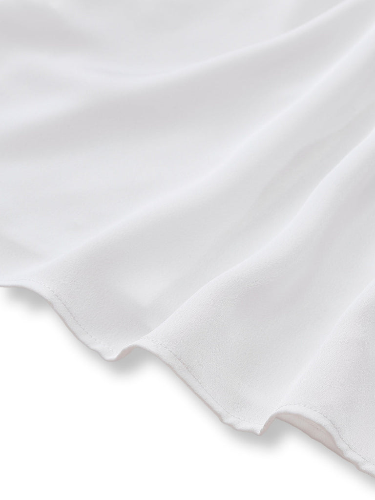 Weiß 1940er Solide Bindekragen Satin Bluse