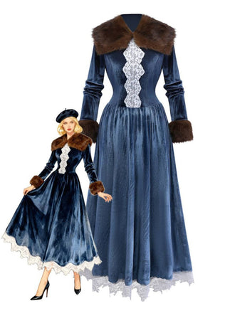 Blau 1930er Kunstpelz Spitze Patchwork Samt Kleid