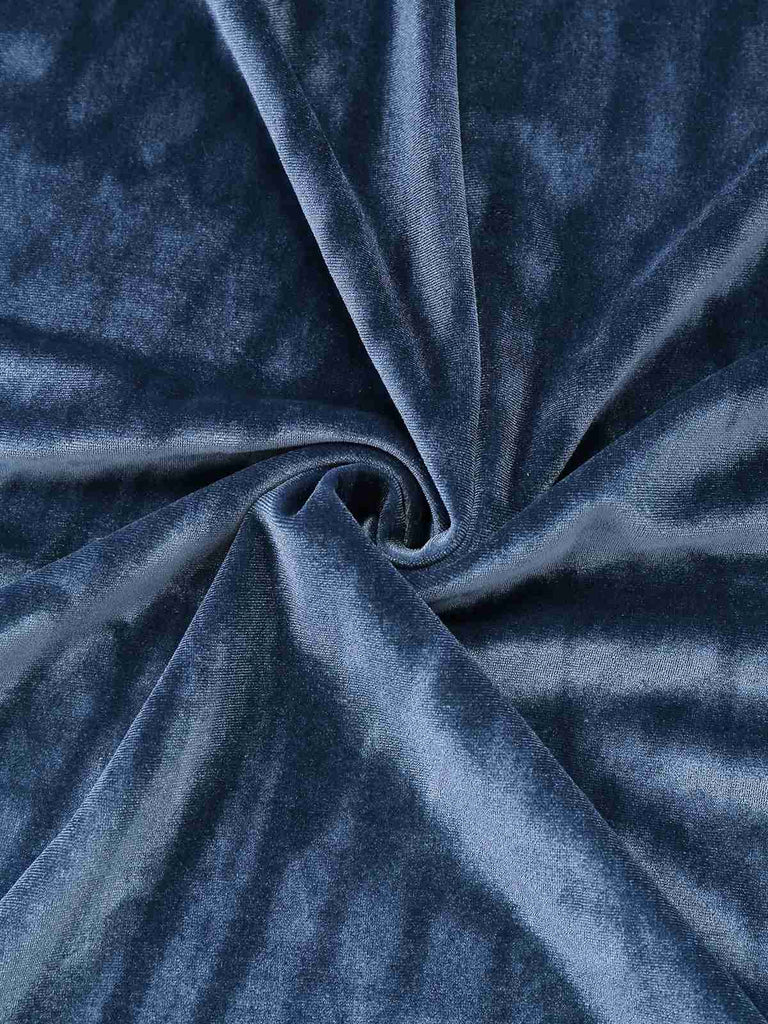 Blau 1930er Kunstpelz Spitze Patchwork Samt Kleid