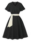 Schwarz 1950er V-Ausschnitt Cape-Kragen Gürtel Kleid