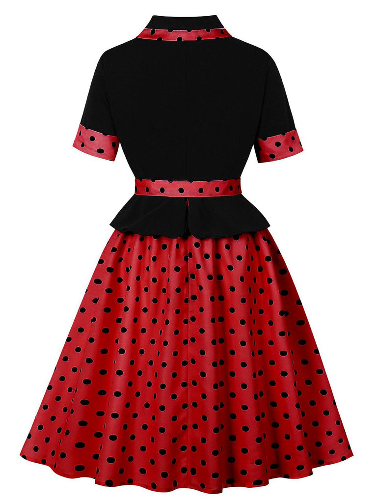 1950er Revers Polka Dot Patchwork Swing Gürtel Kleid