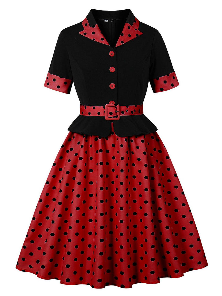 1950er Revers Polka Dot Patchwork Swing Gürtel Kleid