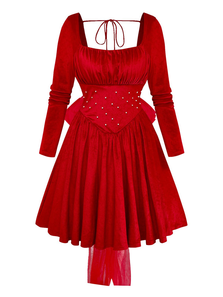 Rot 1950er Samt Perle Gerüschtes Tüll Bogen Kleid