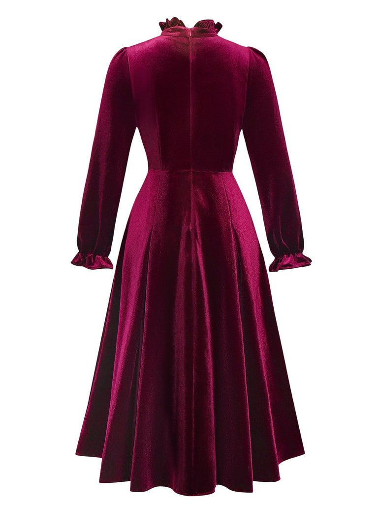 Rot 1950er Samt Rüschenkragen Laternenärmel Kleid