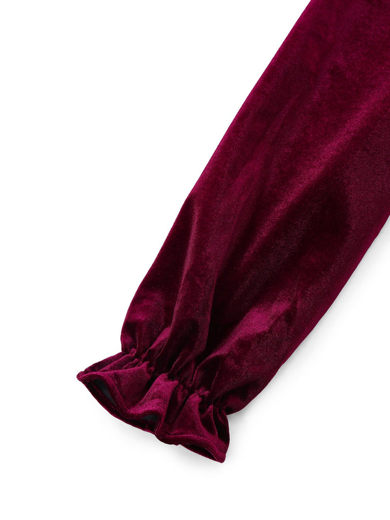 Rot 1950er Samt Rüschenkragen Laternenärmel Kleid