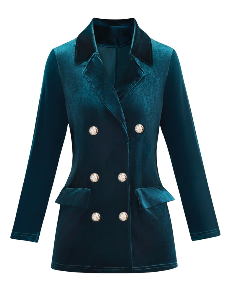 1980er Solide Samt Zweireihiger Revers Blazer