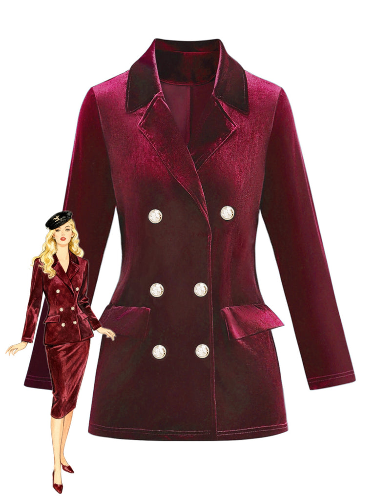 1980er Solide Samt Zweireihiger Revers Blazer