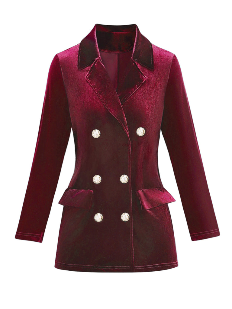 1980er Solide Samt Zweireihiger Revers Blazer