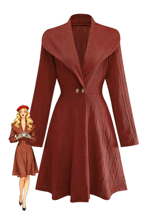 1940er Solide Stricken Groß V-Ausschnitt Tasten Kleid