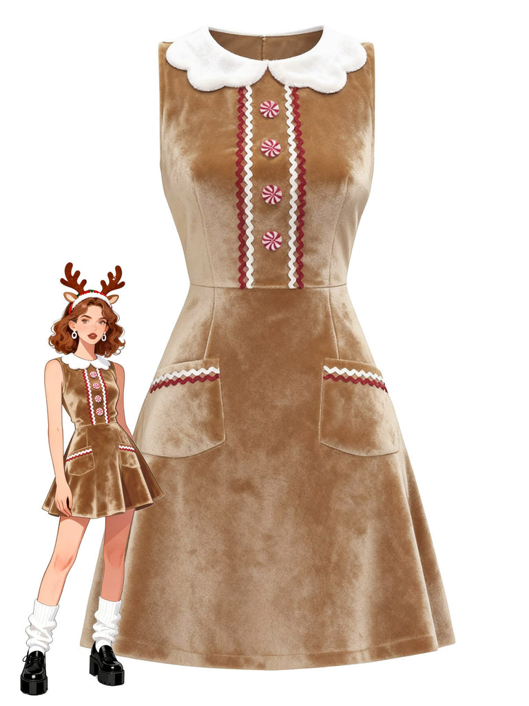 Braun 1960er Weihnachten Lebkuchen Samt Kleid