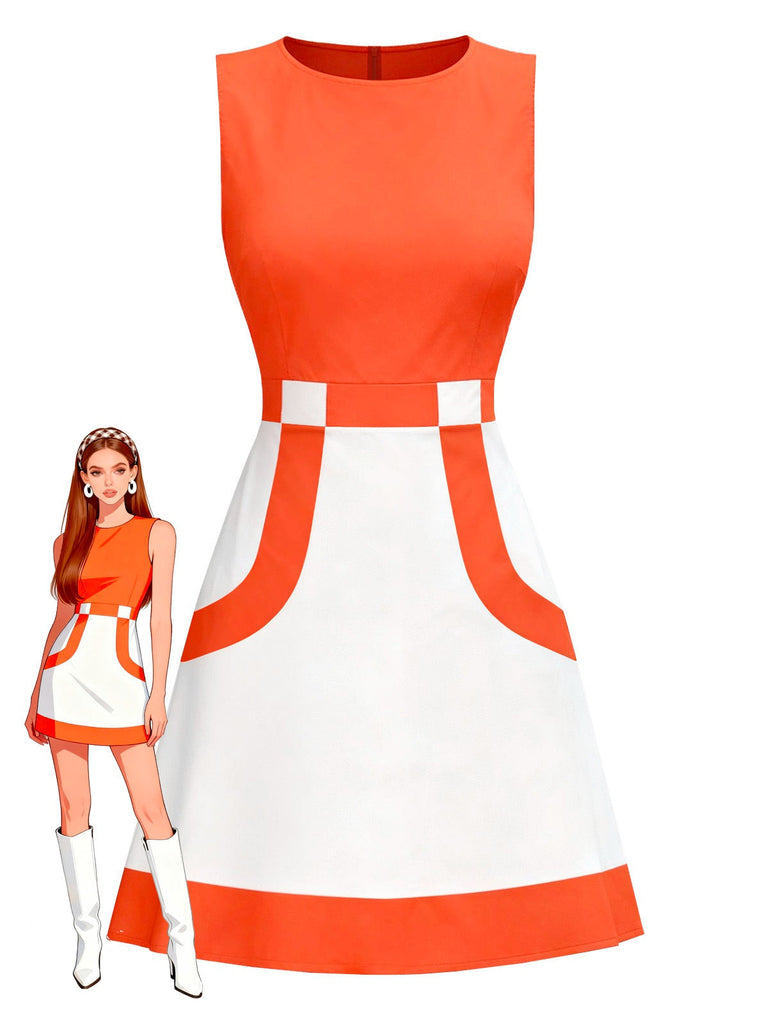 Orange & Weiß 1960er Farbblock Ärmelloses Mod Kleid