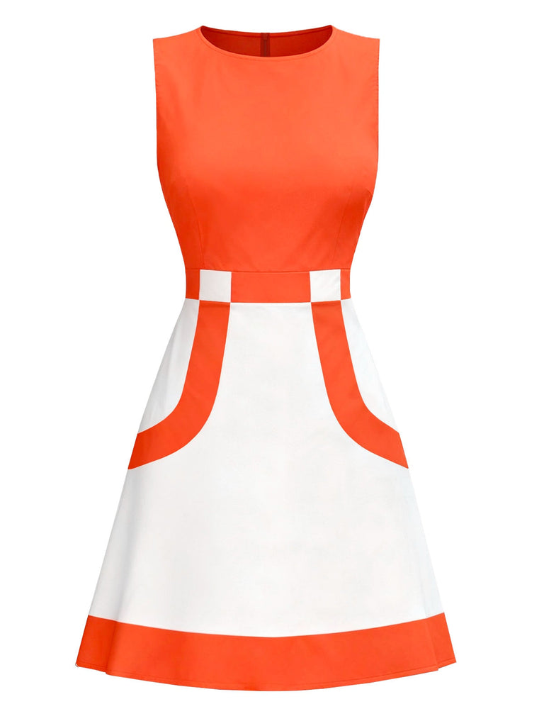 Orange & Weiß 1960er Farbblock Ärmelloses Mod Kleid