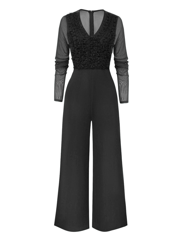 1950er Solide Tiefer V-Ausschnitt Rüschen Durchsichtige Ärmel Jumpsuit