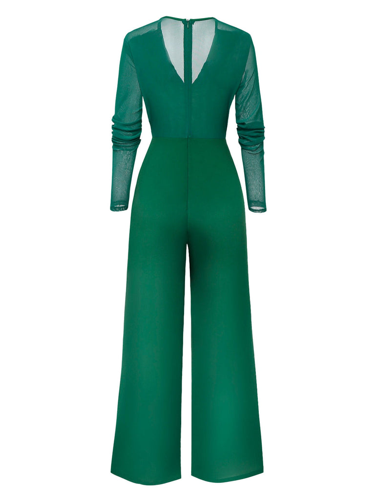 1950er Solide Tiefer V-Ausschnitt Rüschen Durchsichtige Ärmel Jumpsuit