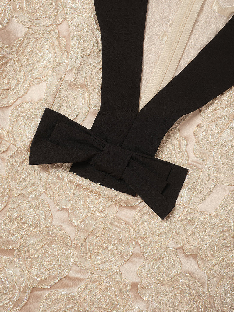 Sekt 1930er Rose Jacquard V-Ausschnitt Bogen Kleid