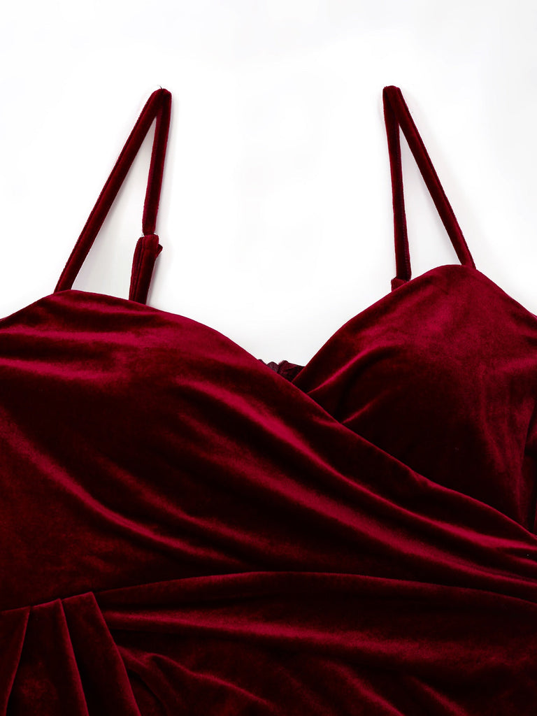 Weinrot 1930er Samt Rüschensaum Kleid