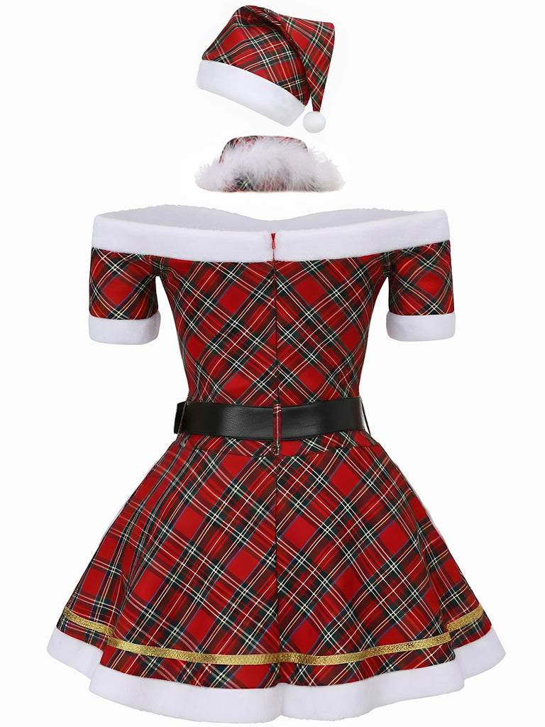 Rot 1960er Schulterfrei Plaid Weihnachten Kleid Set