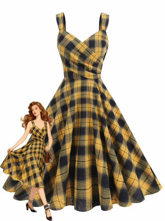 1950er Slip V-Ausschnitt Plaid Swing Kleid