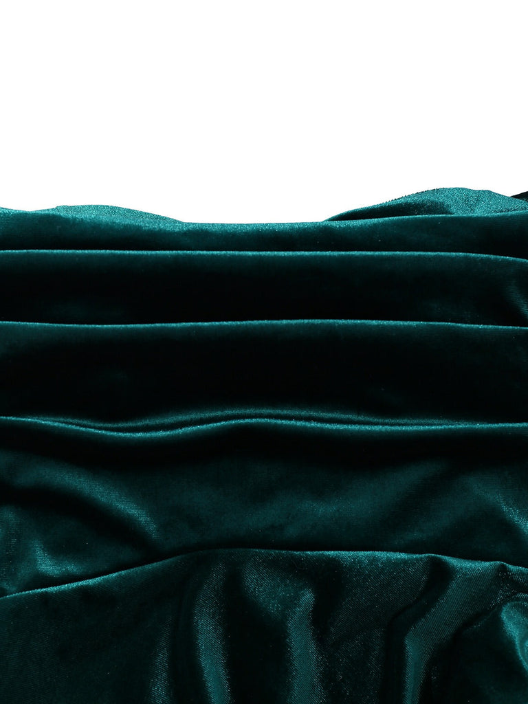 1930er Samt Schulterfrei Gerüschtes Seitenschlitz Kleid